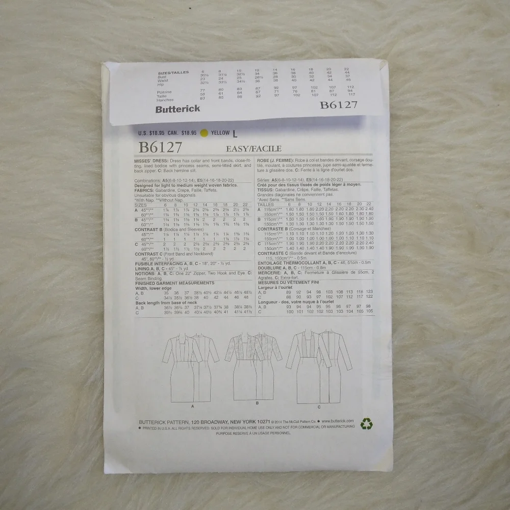 BUTTERICK B6127 SZ 6-14 EASY Misses Semi Fitted Dress In 3 Variations